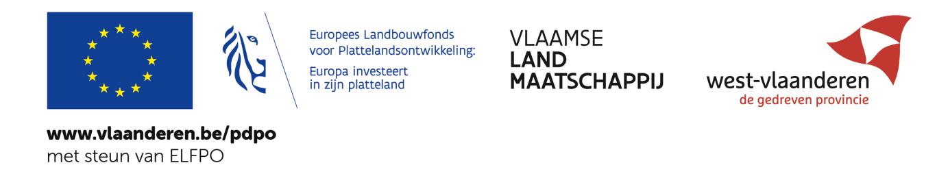 Logobanner Herstelfonds: www.vlaanderen.be/pdpo met steun van ELFPO / Europees Landbouwfonds voor Plattelandsontwikkeling: Europa investeert in zijn platteland / Vlaamse Landmaatschappij / West-Vlaanderen -  de gedreven provincie