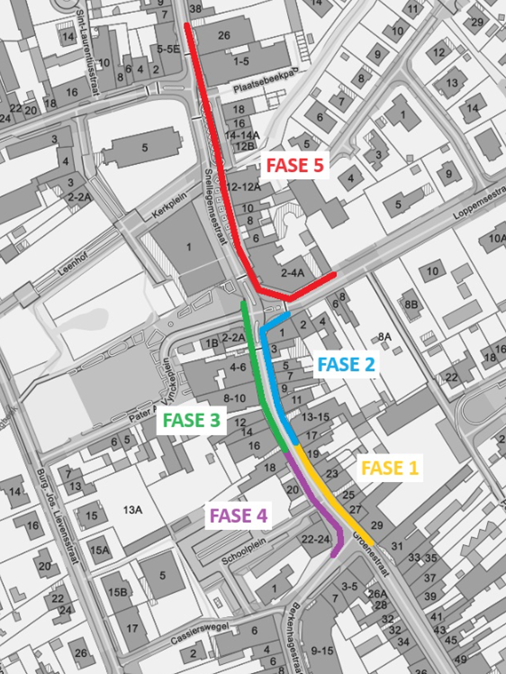 Kaartje met Fase 1 t.e.m. 5 van de nutswerken